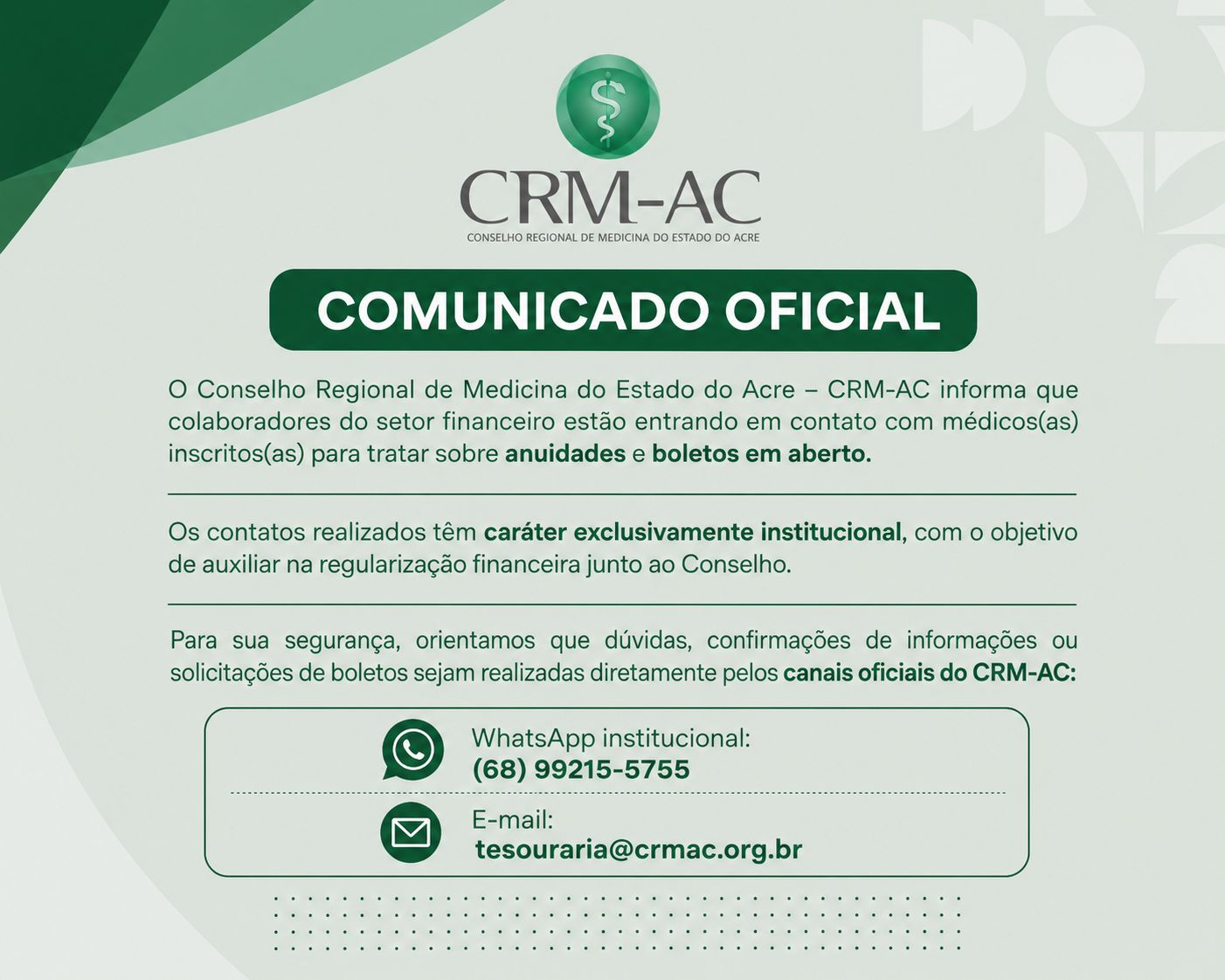 CRM-AC orienta médicos sobre contatos institucionais para regularização de anuidades e boletos